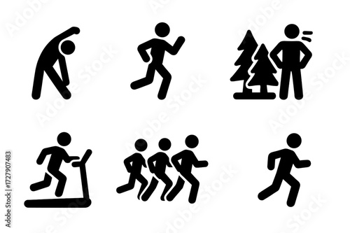 Jogging Activity Icons. Solid, filled icon set of jogging activities: warm-up stretches, jogging pace, cooldown, breath control, jogging in park, treadmill