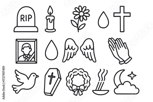 Death Rituals Icons. Hand-drawn doodle illustration customs and rituals surrounding death tombstone, candle, flower, cross, framed photo, teardrop, angel