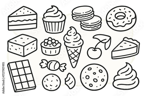 Dessert Doodle Collection. Hand-drawn doodle illustration Sweet desserts collection, chocolate cake, cupcake, macarons, ice cream cone, donut, pie slice,