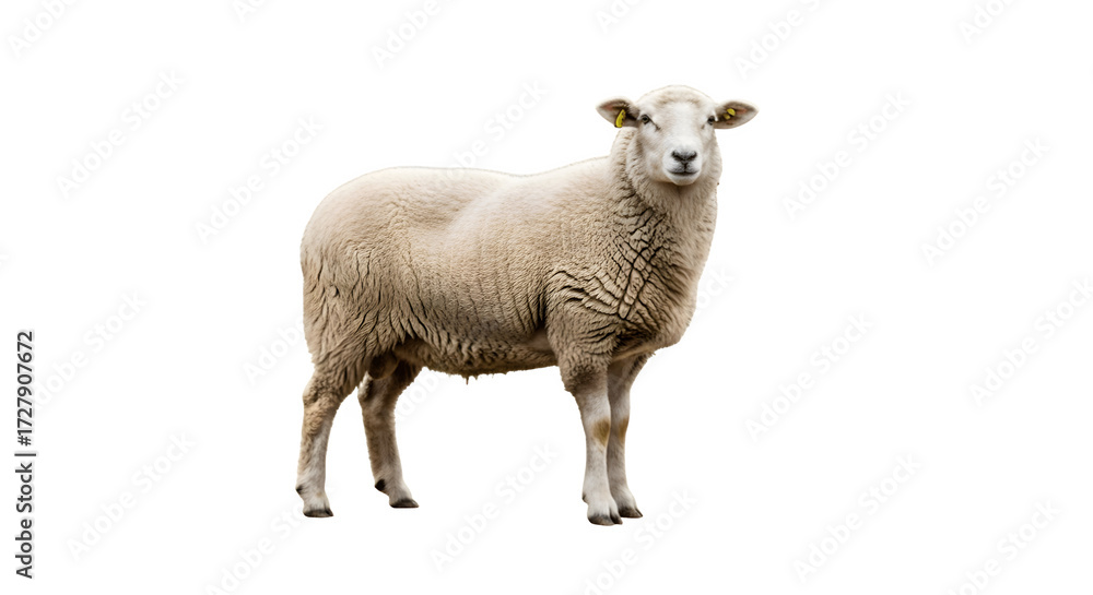 Fototapeta premium A fluffy white sheep standing on white background.
