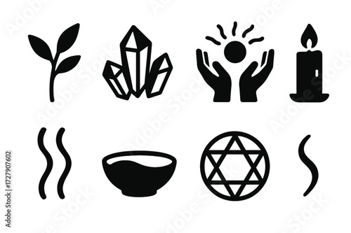 Shamanic Healing Icons. Solid, filled icon set of shamanic healing: herbs, crystals, healing hands, spirit energy, candle, smoke, water bowl, sacred geometry.