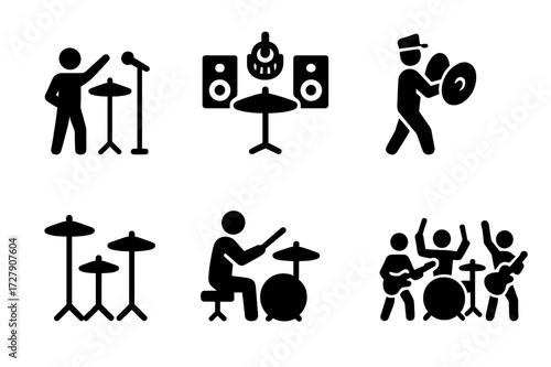 Cymbals Icon Set. Solid, filled icon set of cymbals usage: live performance, studio recording, marching band, drum kit, percussion ensemble, solo playing, jazz
