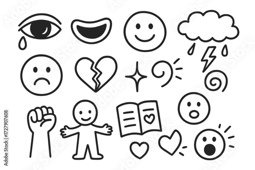 Emotional Expression Doodles. Hand-drawn doodle illustration Emotional expression [crying eye, laughing mouth, happy face, heart, sad tear, broken heart,
