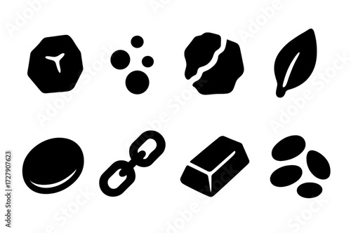Gold Icons Grid. Solid, filled icon set of gold elements: gold nugget, gold dust, gold vein, gold leaf, gold plate, gold chain, gold ingot, gold grain. Solid,