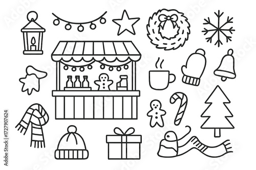 Winter Market Icons. Hand-drawn doodle illustration Winter market stalls stall, lantern, garland, star, wreath, snowflake, mitten, hot cocoa cup, candy cane,