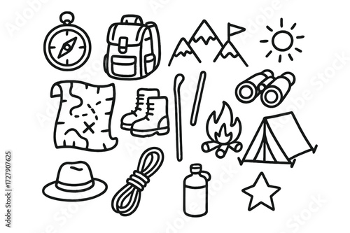 Adventure Doodle Icons. Hand-drawn doodle illustration adventure genre map, compass, backpack, boots, walking stick, mountain, flag, binoculars, campfire,