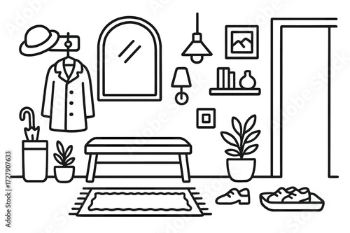 Hallway Essentials Doodle. Hand-drawn doodle illustration [Hallway mirror and lighting setup] [mirror, wall hook, wall lamp, hallway rug, coat hanger, bench,