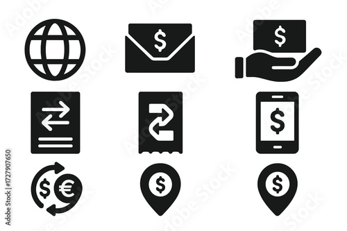 Money Remittance Icons. Solid, filled icon set of money remittance: globe icon, cash envelope, transfer form, agent hand, mobile cash, transfer receipt,