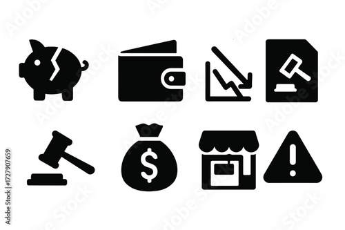 Bankruptcy Icon Set. Solid, filled icon set of bankrupt concepts: broken piggy bank, empty wallet, falling graph, bankruptcy document, auction hammer, debt