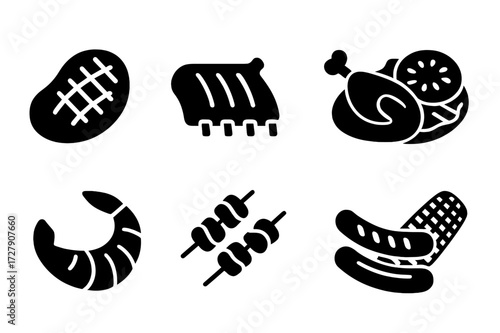 Grilled Dishes Icon Set. Solid, filled icon set of grilled main dishes: grilled steak, BBQ ribs, grilled chicken, grilled vegetables, grilled shrimp, kebabs,