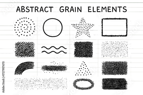Abstract Grain Elements. Hand-drawn doodle illustration Abstract Grain Elements [spiral dots, uneven circle, dotted star, grainy border, scratched patch,