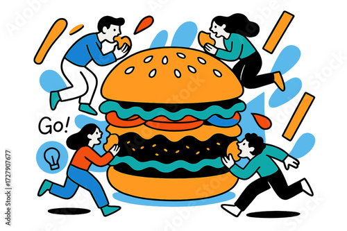 Giant Burger Feast. Giant burger illustrated as a centerpiece, tiny people around taking bites. Floating ketchup drops and abstract fries add playfulness.