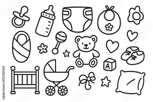 Baby Essentials Doodle Icons. Hand-drawn doodle illustration Baby care essentials pacifier, bottle, diaper, bib, blanket, rattle, teddy bear, crib, stroller,