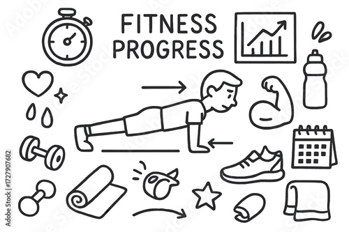 Fitness Journey Icons. Hand-drawn doodle illustration Fitness progress push-up correct form person in push-up, stopwatch, progress chart, heart, water bottle,