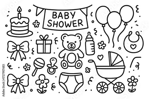 Baby Shower Doodle Icons. Hand-drawn doodle illustration Baby shower party cake, balloons, bow, gift box, teddy bear, bottle, pacifier, rattle, diaper, bib,