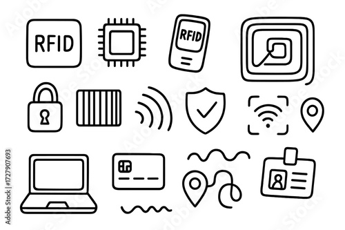 RFID Elements Illustration. Hand-drawn doodle illustration [radio frequency identification (RFID)] RFID tag, chip, reader, antenna coil, lock symbol, barcode,
