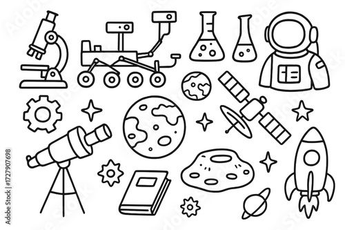 Mars Science Doodle. Hand-drawn doodle illustration Mars science laboratory microscope, rover, test tube, beaker, flask, astronaut, satellite, telescope, book,