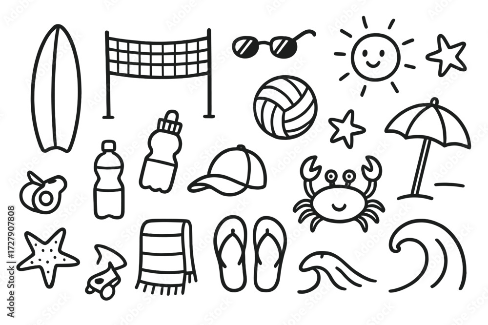 Fototapeta premium Beach Sports Doodles. Hand-drawn doodle illustration Beach sports surfboard, volleyball, net, ball, sunglasses, water bottle, cap, whistle, towel, umbrella,