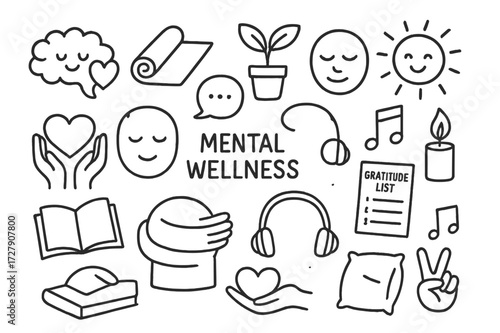 Mental Wellness Icons. Hand-drawn doodle illustration Mental wellness and companionship [brain with heart, yoga mat, potted plant, calm face, book, hands