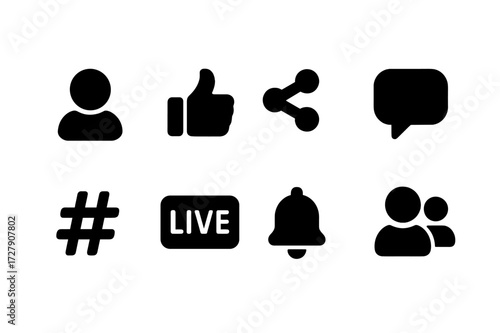 Social Media Icons. Solid, filled icon set of social media platforms: profile avatar, like button, share icon, comment bubble, hashtag, live video,