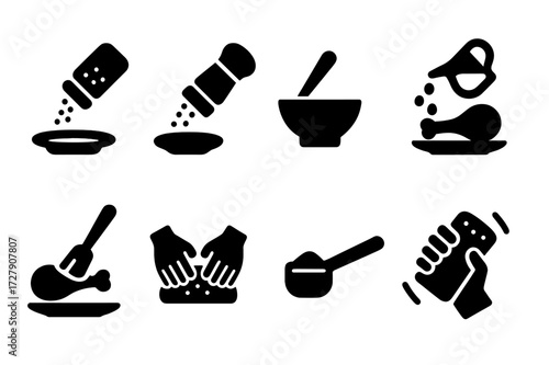Seasoning Action Icons. Solid, filled icon set of seasoning actions: sprinkling, grinding, mixing, marinating, basting, rubbing, measuring, shaking. [Line