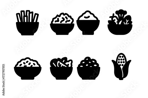 Side Dish Icons. Solid, filled icon set of side dishes: french fries, coleslaw, mashed potatoes, steamed vegetables, rice pilaf, garden salad, baked beans,