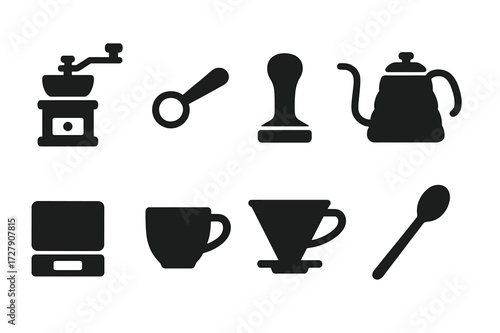 Coffee Accessories Icons. Solid, filled icon set of coffee accessories: coffee grinder, scoop, tamper, kettle, scale, coffee cup, filter, stirring spoon. [Line