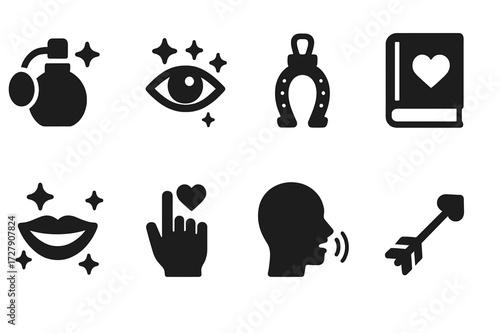Charm Tools Icons. Solid, filled icon set of charm tools: magic perfume, sparkling eyes, lucky pendant, flirt spellbook, radiant smile, teasing gesture, soft