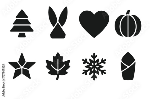 Seasonal Napkin Folds Icons. Solid, filled icon set of seasonal napkin folds: Christmas tree fold, bunny fold, heart shape, pumpkin fold, star fold, autumn