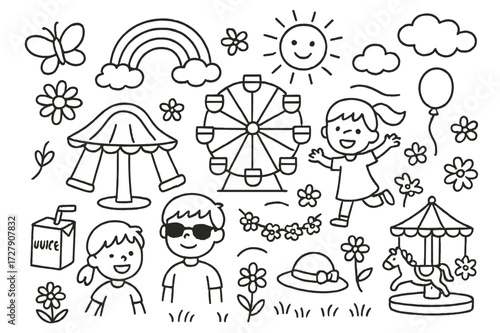Springtime Amusement Park Doodle. Hand-drawn doodle illustration [Springtime joy in amusement park] [butterfly, daisy, rainbow, ferris wheel, swing ride,