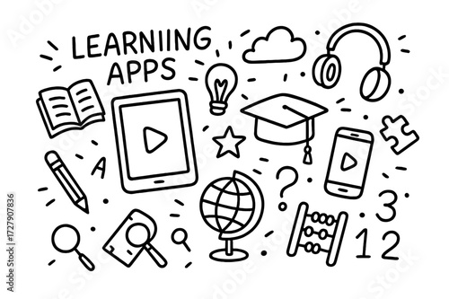 Educational Symbols Doodle. Hand-drawn doodle illustration Learning apps tablet, smartphone, book, pencil, globe, graduation cap, headphones, play button,