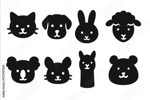 Animal Softness Icons. Solid, filled icon set of softness in animals: cat, dog, rabbit, lamb, koala, chinchilla, alpaca, hamster. Solid, filled icons in only