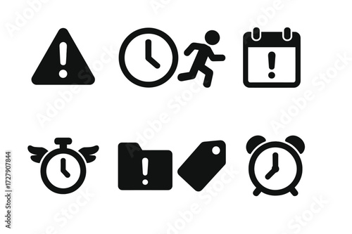 Task Urgency Icons. Solid, filled icon set of task urgency: exclamation mark, ticking clock, rushing person, calendar alert, stopwatch with wings, deadline