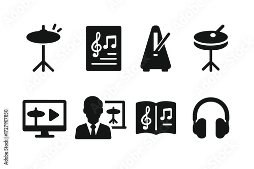 Drum Education Icons. Solid, filled icon set of ride cymbal education: drum lesson, sheet music, metronome, practice pad, video tutorial, instructor, music