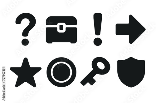Black Icon Grid. Solid, filled icon set of chance and community chest cards: question mark, treasure chest, exclamation mark, arrow, star, coin, key, shield.