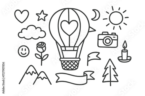 Romantic Balloon Doodle. Hand-drawn doodle illustration romantic balloon flight hot air balloon, heart, star, moon, cloud, sun, rose, camera, basket, flag,