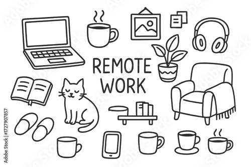 Remote Work Essentials. Hand-drawn doodle illustration [remote work lifestyle] [laptop, journal, slippers, cat, coffee, chair, headphones, blanket, potted