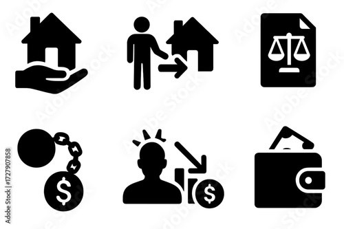 Default Consequences Icons. Solid, filled icon set of default consequences: repossession, eviction, lawsuit, penalty, credit damage, debt collection, stress,