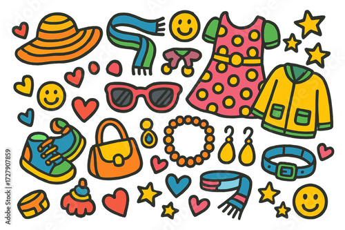 Kids' Fashion Doodles. Fashion statements. Colorful Hand-drawn doodle Children illustration Dress, jacket, hat, scarf, shoes, sunglasses, bag, necklace,