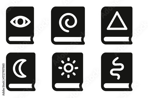 Mystical Book Icon Grid. Solid, filled icon set of mystical book symbols: eye on cover, spiral mark, arcane triangle, burning sigil, lunar crest, sunburst
