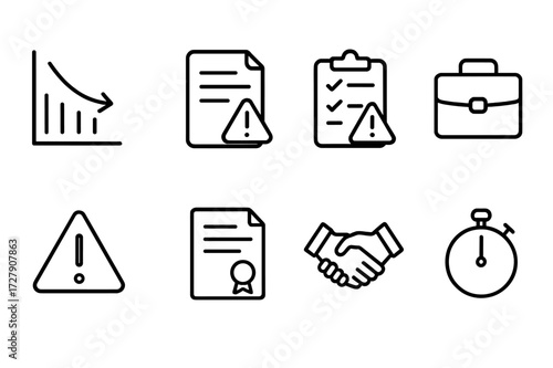 Business Risk Icons. Outline icon set of business risk: falling graph, contract with exclamation, risk assessment, briefcase, warning sign, legal document,