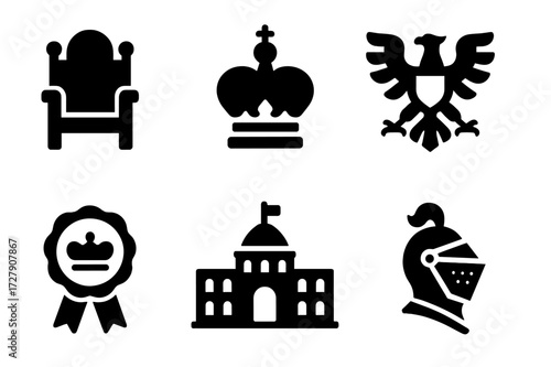 Dynastic Symbols Icons. Solid, filled icon set of dynastic symbols: throne, royal crown, scepter, heraldic eagle, royal seal, palace, knight?s helmet, royal