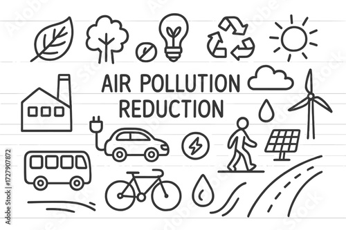 Eco-Friendly Doodle Icons. Hand-drawn doodle illustration Air pollution reduction [leaf, tree, eco bulb, recycling sign, factory with no smoke, electric car,