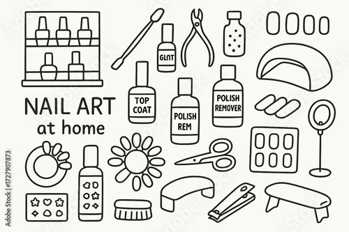 Home Manicure Essentials. Hand-drawn doodle illustration [Nail art and manicure session at home] [nail polish rack, cuticle pusher, nail clippers, glitter