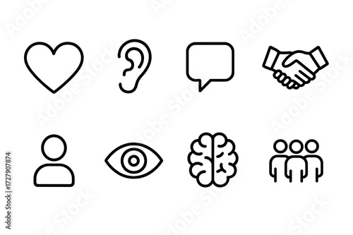 Empathy Icon Set. Outline icon set of empathy and understanding: heart, ear, speech bubble, handshake, person silhouette, eye, brain, group of people. Line
