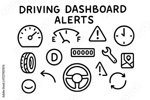 Dashboard Alert Icons. Hand-drawn doodle illustration [Driving dashboard alerts] [dashboard, car, speedometer, odometer, fuel gauge, tire, steering wheel,