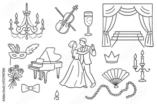 High Society Doodles. Hand-drawn doodle illustration high society events ballroom, chandelier, violin, champagne flute, couple dancing, piano, curtain, rose