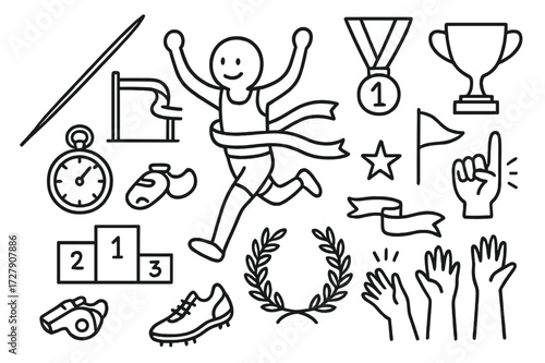 Track and Field Icons. Hand-drawn doodle illustration Track and field victory runner figure, javelin, high jump bar, stopwatch, medal, trophy, flag, ribbon,
