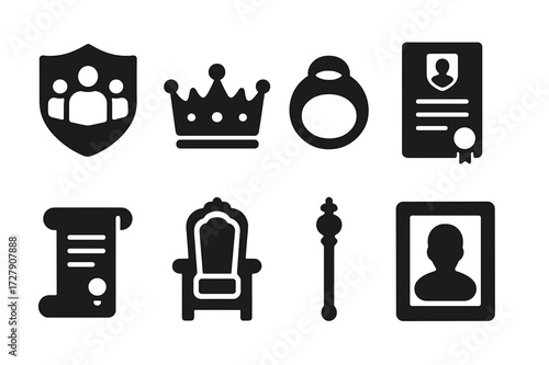 Heir Symbols Icon Set. Solid, filled icon set of heir symbols: family crest, crown, royal ring, inheritance document, scroll, throne, scepter, ancestral