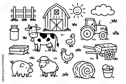 Farm Life Doodle. Hand-drawn doodle illustration dairy farm barn, cow, milk can, fence, trough, bucket, tractor, hay bale, sheep, pig, chicken, cart, sun,